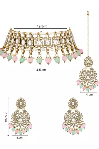 traditional kundan pearl drop choker necklace jewellery with earrings & maang tikka set for women/girls