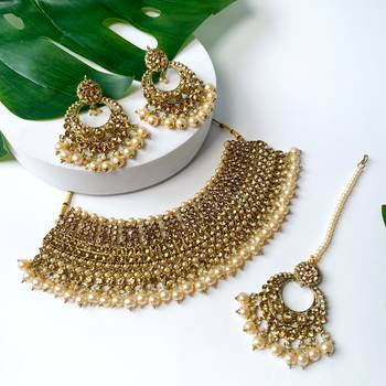 traditional kundan pearl choker necklace jewellery & earrings set for women girls 1