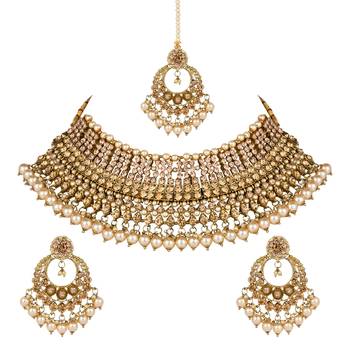 traditional kundan pearl choker necklace jewellery & earrings set for women girls 2