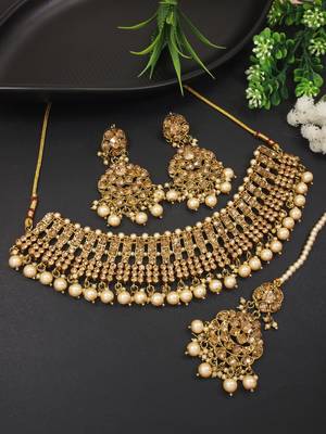 traditional handcrafted choker necklace with jhumki earrings & maang tikka set for women/girls 1