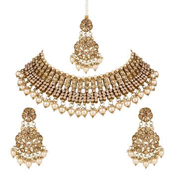 traditional handcrafted choker necklace with jhumki earrings & maang tikka set for women/girls 2