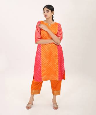 Yellow silk brocade kurta set 1