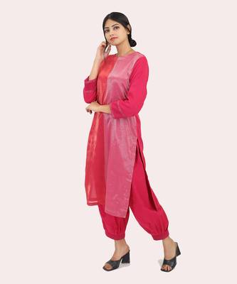 Pink woven cotton zari kurta set 2