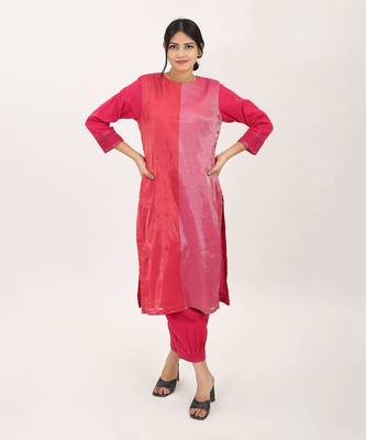 Pink woven cotton zari kurta set 3