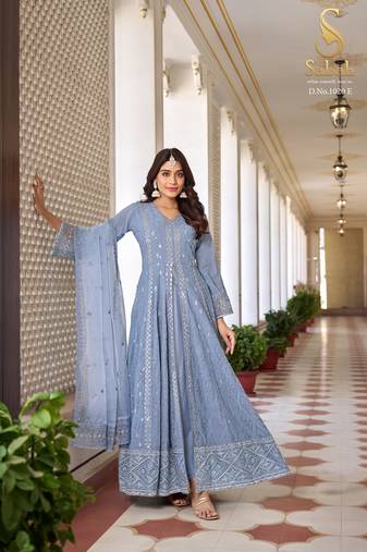 Blue thread embroidery faux georgette semi stitched trouser ethnic-suits