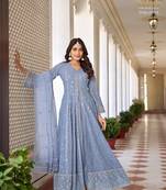 Blue thread embroidery faux georgette semi stitched trouser ethnic-suits
