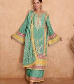 Green Embroidered Chinnon Stitched Straight Suit Free size full stitched Up To 42" Size