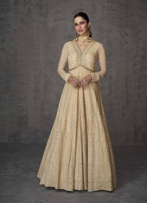 Beige Embroidered Georgette Stitched Gown Free size full stitched Up To 42" Size 1