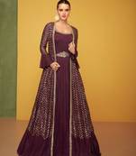Wine Embroidered Chinnon Free Size Stitched Anarkali Suit (Size Upto 42) Free size full stitched Up To 42" Size