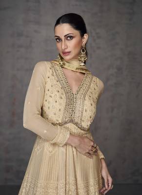 Beige Embroidered Georgette Stitched Gown Free size full stitched Up To 42" Size 2