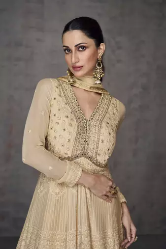 Beige Embroidered Georgette Stitched Gown Free size full stitched Up To 42" Size