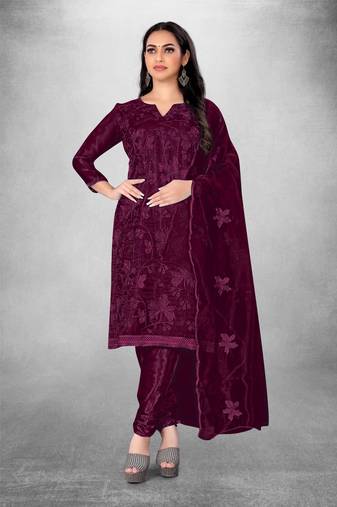 Wine embroidered organza semi stitched churidar ethnic-suits