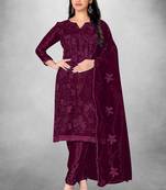 Wine embroidered organza semi stitched churidar ethnic-suits