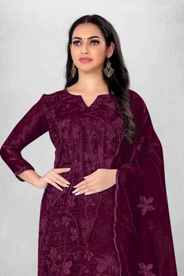 Wine embroidered organza semi stitched churidar ethnic-suits 3