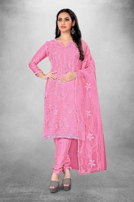 Pink embroidered organza semi stitched churidar ethnic-suits 1