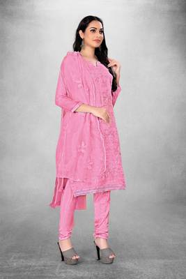 Pink embroidered organza semi stitched churidar ethnic-suits 2