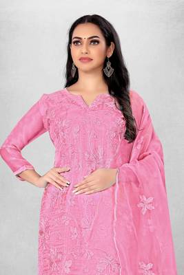 Pink embroidered organza semi stitched churidar ethnic-suits 3