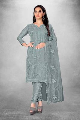 Grey embroidered organza semi stitched churidar ethnic-suits 1