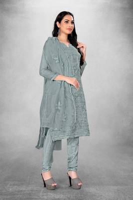 Grey embroidered organza semi stitched churidar ethnic-suits 2
