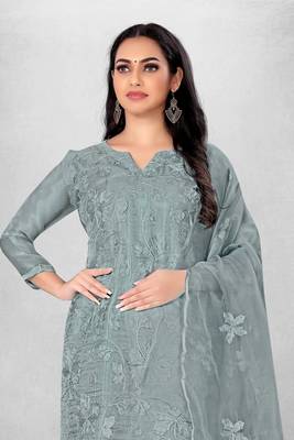 Grey embroidered organza semi stitched churidar ethnic-suits 3