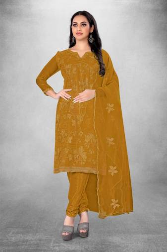 Mustard embroidered organza semi stitched churidar ethnic-suits