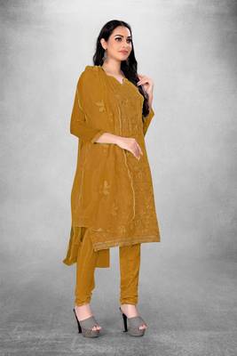 Mustard embroidered organza semi stitched churidar ethnic-suits 2