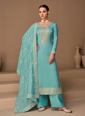Blue Embroidered Silk  Straight Suit Free size full stitched Up To 42" Size 1