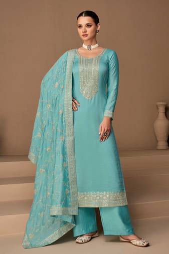 Blue Embroidered Silk  Straight Suit Free size full stitched Up To 42" Size