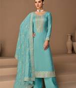 Blue Embroidered Silk  Straight Suit Free size full stitched Up To 42" Size