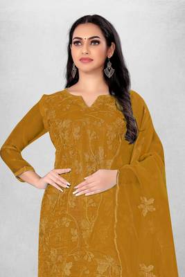 Mustard embroidered organza semi stitched churidar ethnic-suits 3