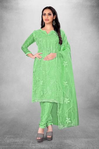 Green embroidered organza semi stitched churidar ethnic-suits
