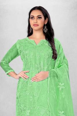 Green embroidered organza semi stitched churidar ethnic-suits 3