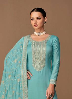 Blue Embroidered Silk  Straight Suit Free size full stitched Up To 42" Size 2