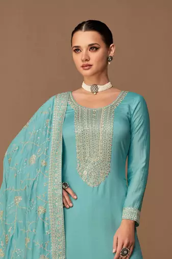 Blue Embroidered Silk  Straight Suit Free size full stitched Up To 42" Size