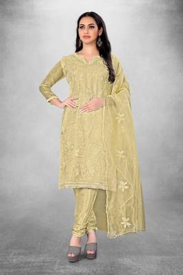 Beige embroidered organza semi stitched churidar ethnic-suits 1