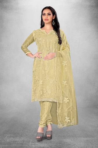 Beige embroidered organza semi stitched churidar ethnic-suits