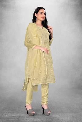 Beige embroidered organza semi stitched churidar ethnic-suits 2