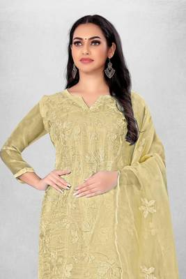 Beige embroidered organza semi stitched churidar ethnic-suits 3