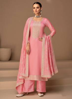Pink Embroidered Silk Semi Stitched Straight Suit Up To 42" Size 1