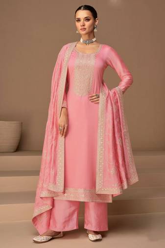 Pink Embroidered Silk Semi Stitched Straight Suit Up To 42" Size