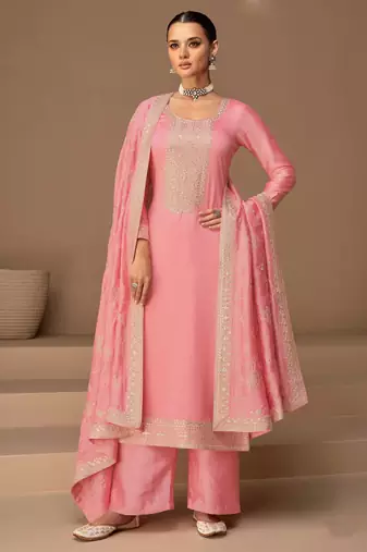 Pink Embroidered Silk Semi Stitched Straight Suit Up To 42" Size