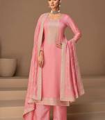 Pink Embroidered Silk Semi Stitched Straight Suit Up To 42" Size