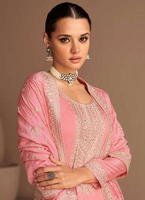 Pink Embroidered Silk Semi Stitched Straight Suit Up To 42" Size 2