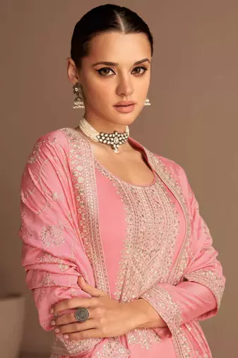 Pink Embroidered Silk Semi Stitched Straight Suit Up To 42" Size