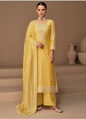 Yellow Embroidered Silk Semi Stitched Straight Suit Up To 42" Size 1