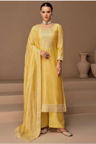 Yellow Embroidered Silk Semi Stitched Straight Suit Up To 42" Size