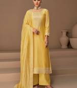 Yellow Embroidered Silk Semi Stitched Straight Suit Up To 42" Size