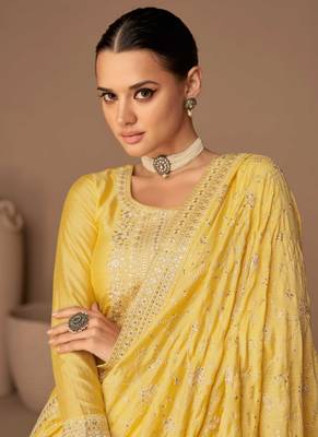 Yellow Embroidered Silk Semi Stitched Straight Suit Up To 42" Size 2