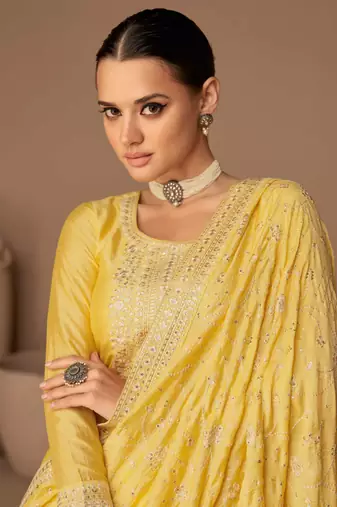Yellow Embroidered Silk Semi Stitched Straight Suit Up To 42" Size