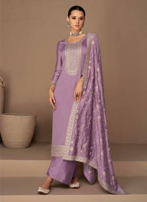 Levender Embroidered Silk Semi Stitched Straight Suit Up To 42" Size 1